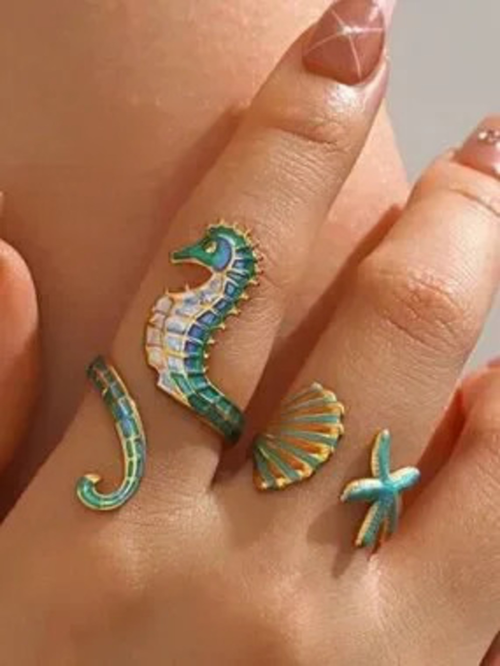 Turquoise and Gold Seahorse & Shell Stackable Ring Set